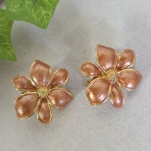 Gold Taupe Enamal Flower Clip On Earrings